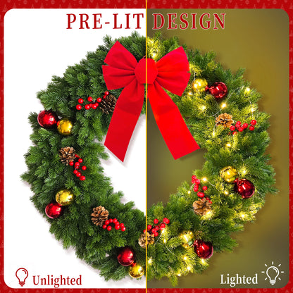 Christmas wreath with red bow and ornaments, shown unlit and lighted on a white and gold background.