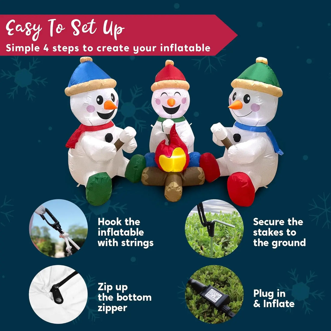 6FT Inflatable Snowman with Campfire – Christmas Blow-Up Yard Decoration with Built-In LED Lights