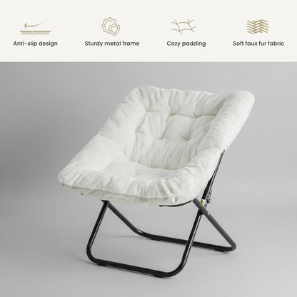 Large 28&quot; Faux Fur Saucer Chair – Large Folding Lounge Chair with Padded Seat &amp; Metal Frame