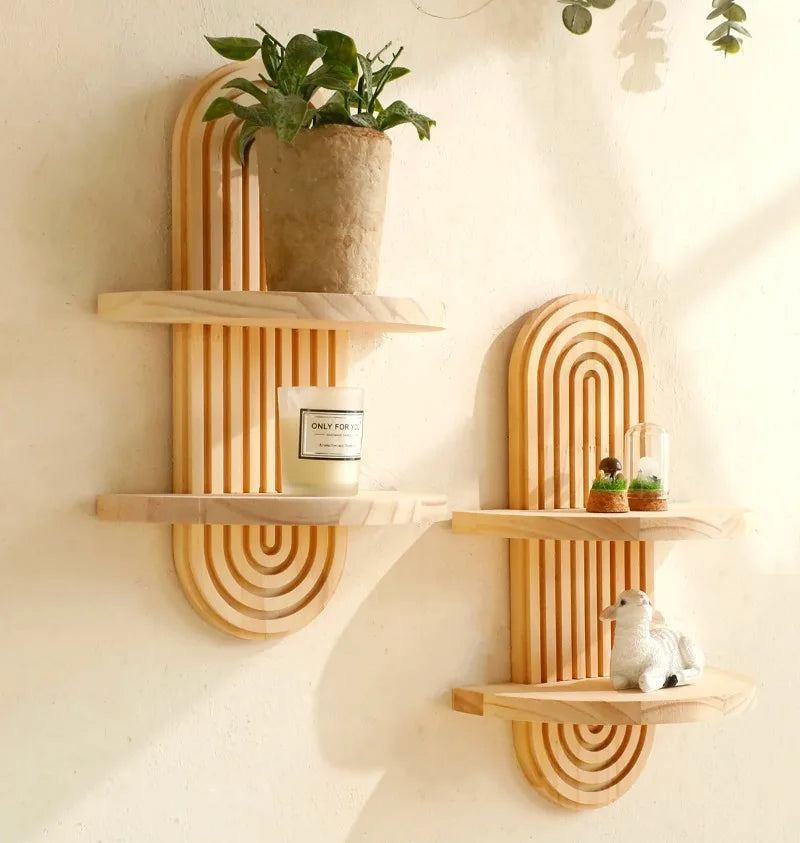 Wooden Wall-Mounted Storage Rack – Boho Display Shelves for Modern Living