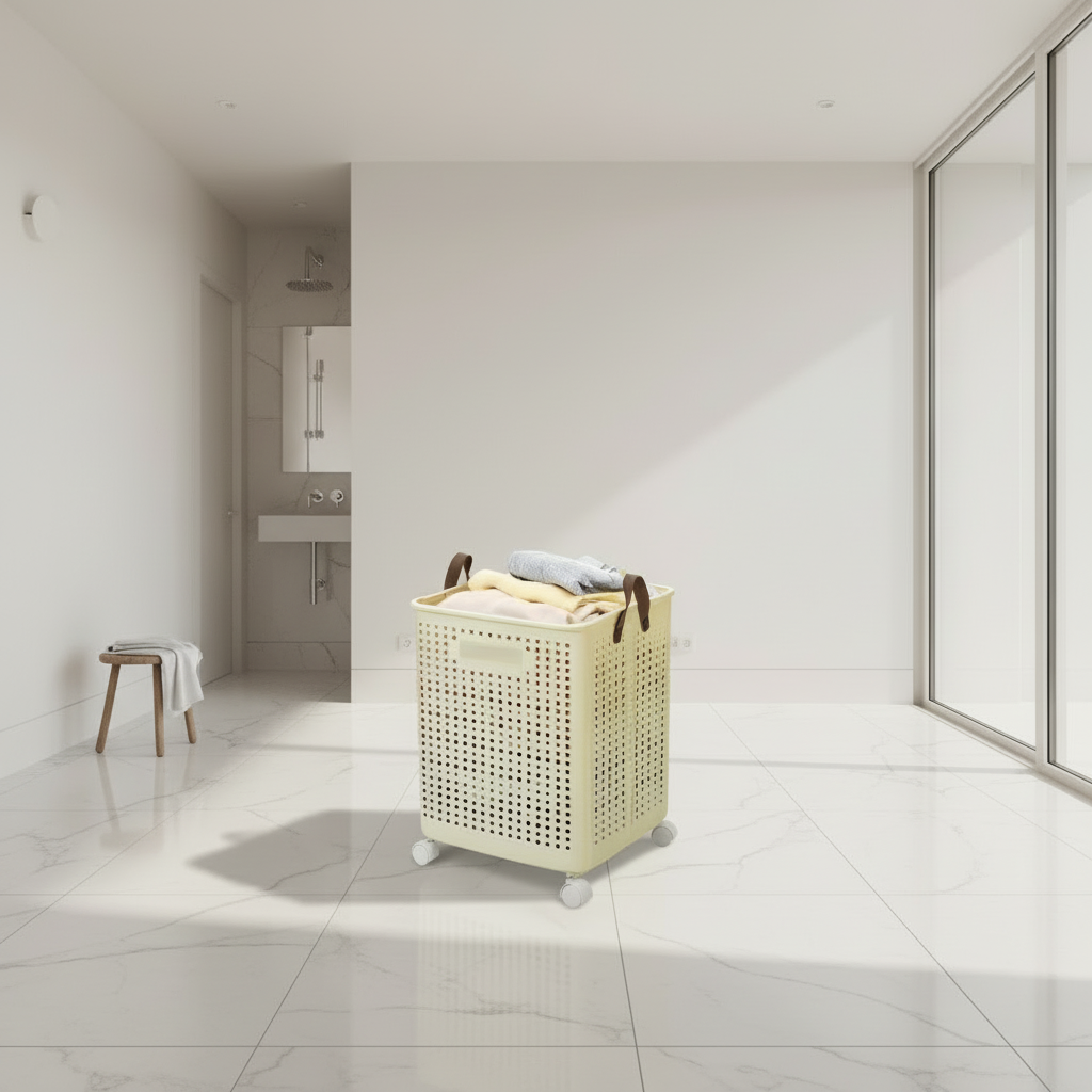 Beige laundry basket with clothes on top and another similar basket on a white background