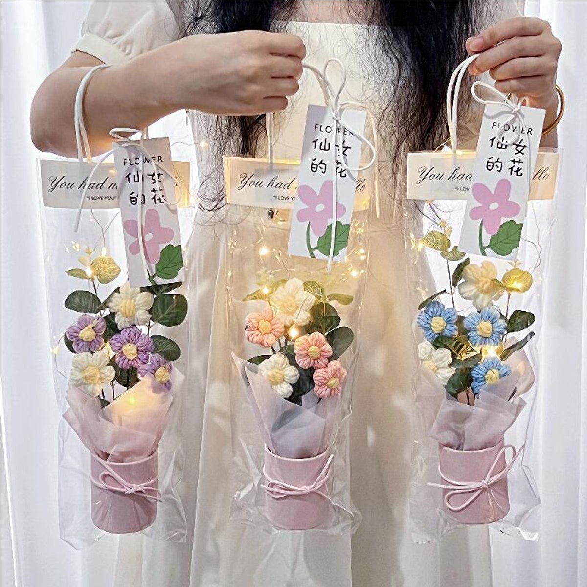 Handmade Crochet Flower Arrangement – Small Daisy Lighted Gift