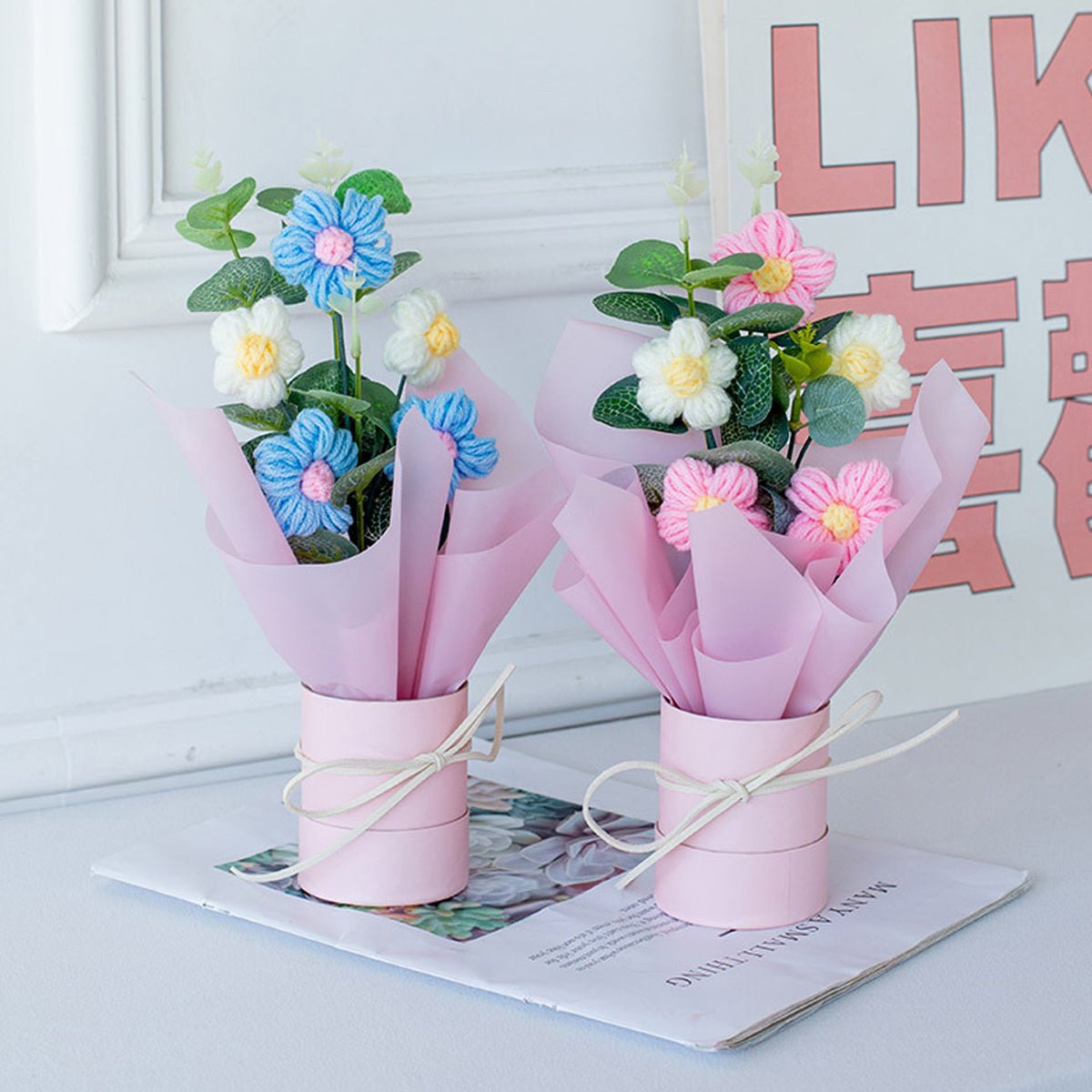 Handmade Crochet Flower Arrangement – Small Daisy Lighted Gift