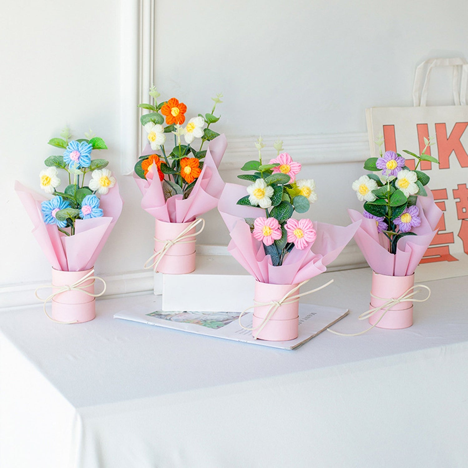 Handmade Crochet Flower Arrangement – Small Daisy Lighted Gift