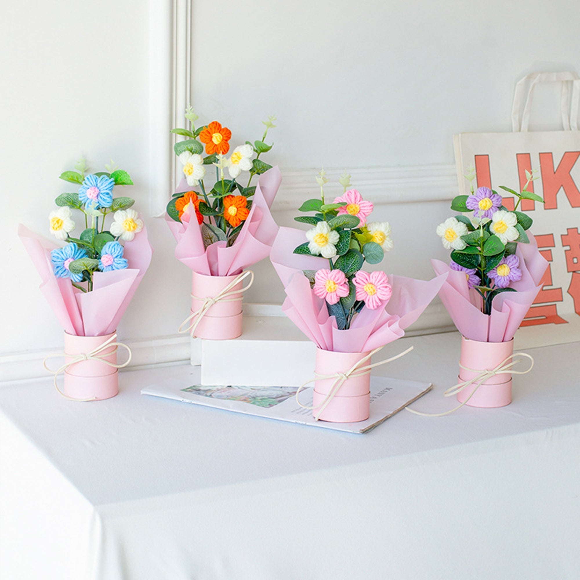 Handmade Crochet Flower Arrangement – Small Daisy Lighted Gift