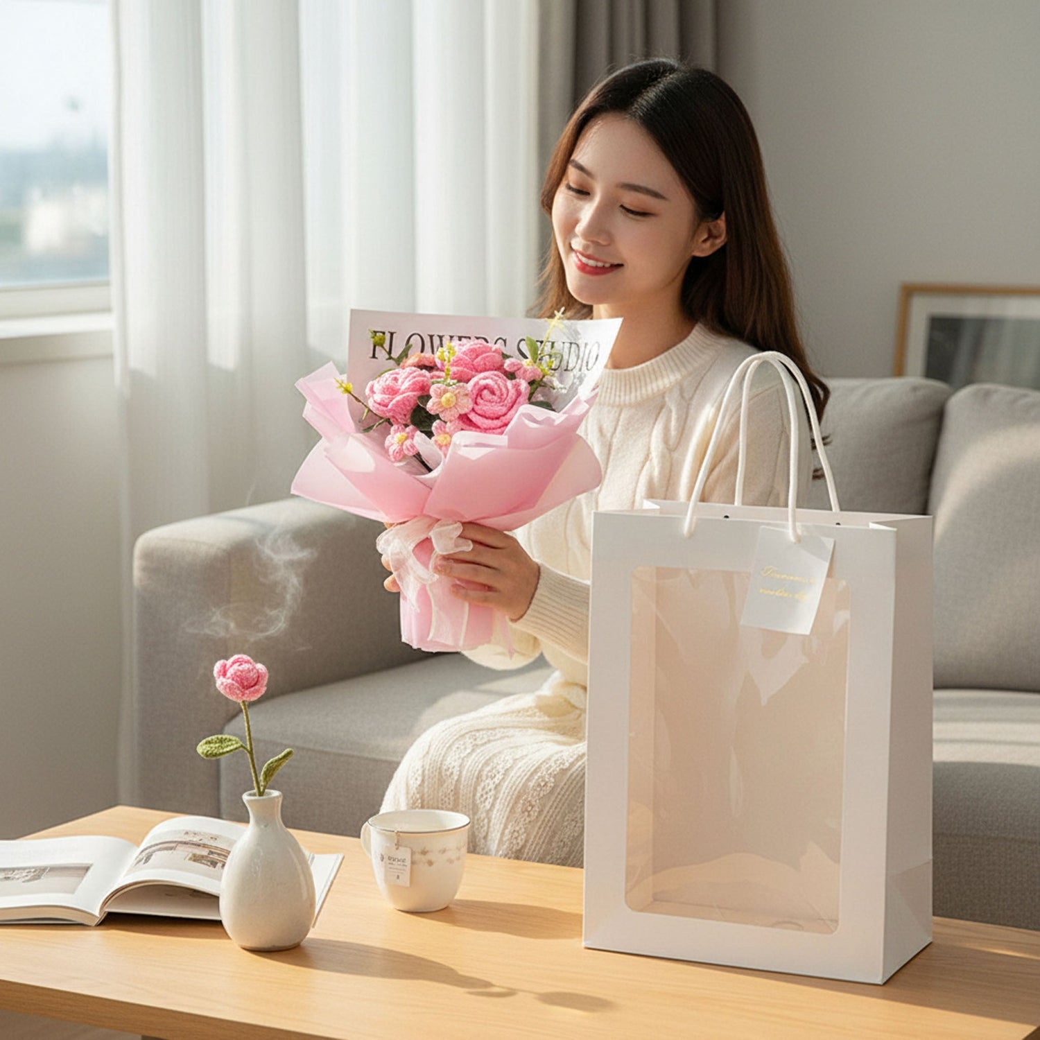 Crochet Rose Bouquet with Light Valentine’s Day Gift for Her